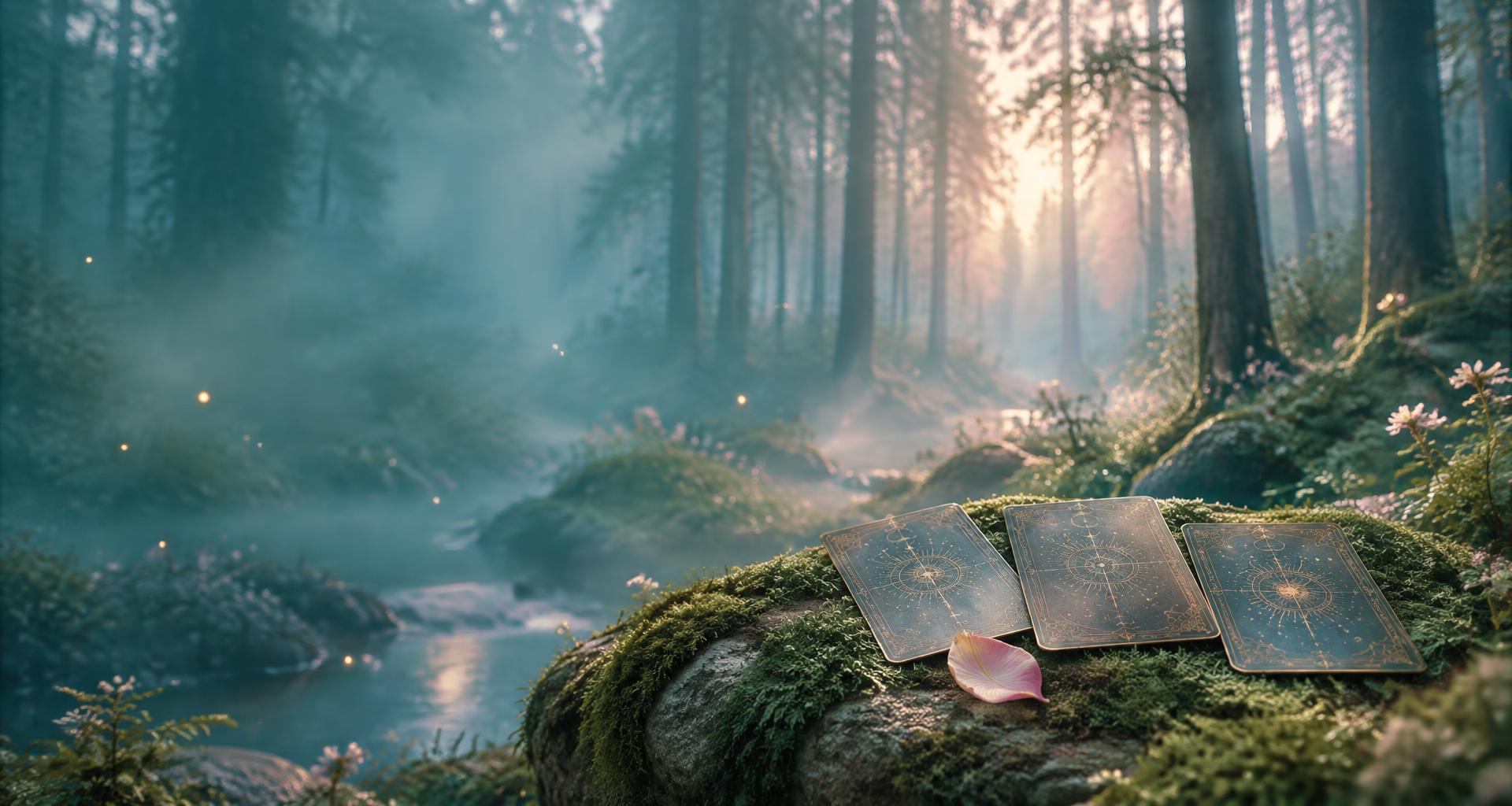 Forêt féérique au crépuscule, trois cartes d’oracle posées sur une pierre de mousse
